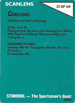 1988 Scanlens VFL #52 John Devine Back